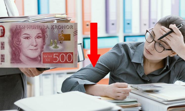 Stressad kvinna tittar åt vänster, 500 lapp till vänster.