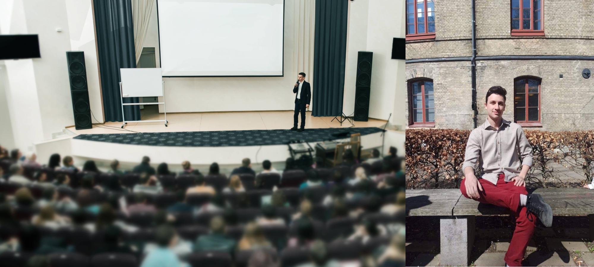 En man håller föreläsning, Mats vid sidan.