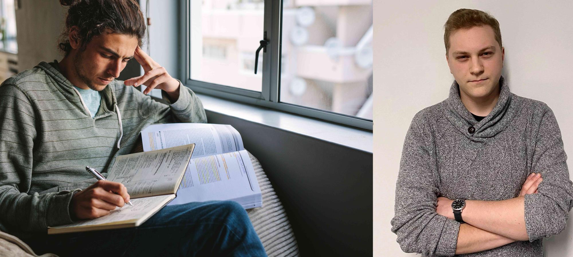 Man som läser en skolbok vid ett fönster och Tom Holtorf till höger